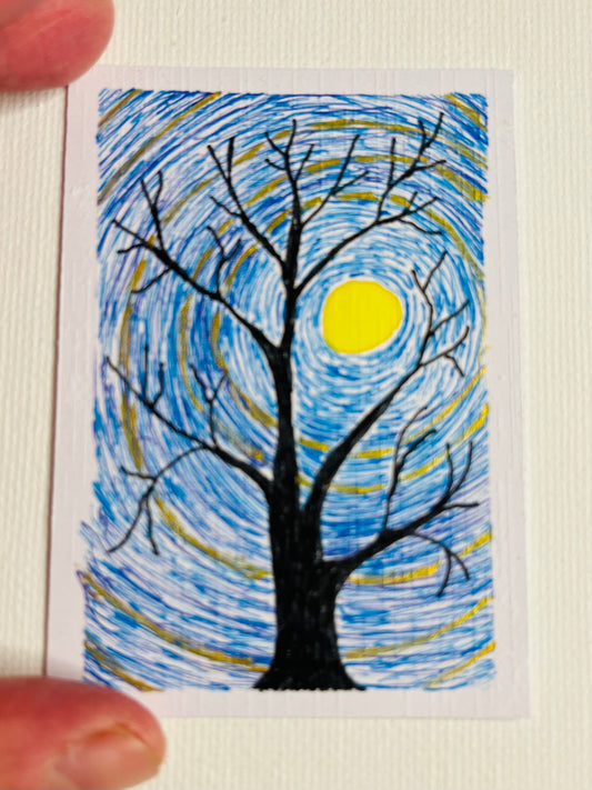 ACEO - Spooky Tree With Golden Moonlight 4