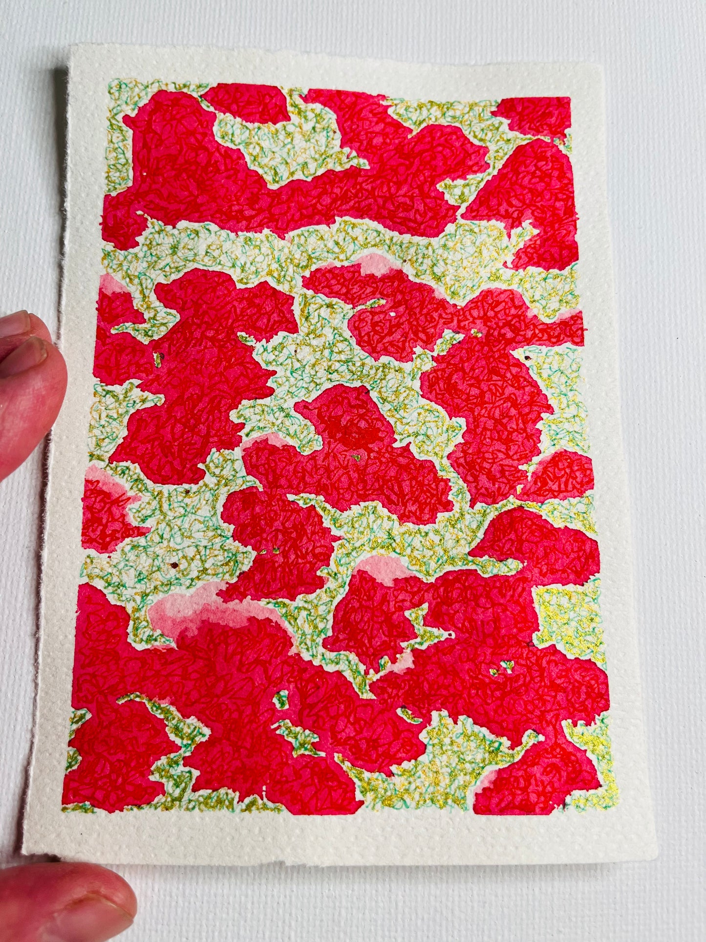 Asian Inspired Calligraphy Ink Painting in Red and Green